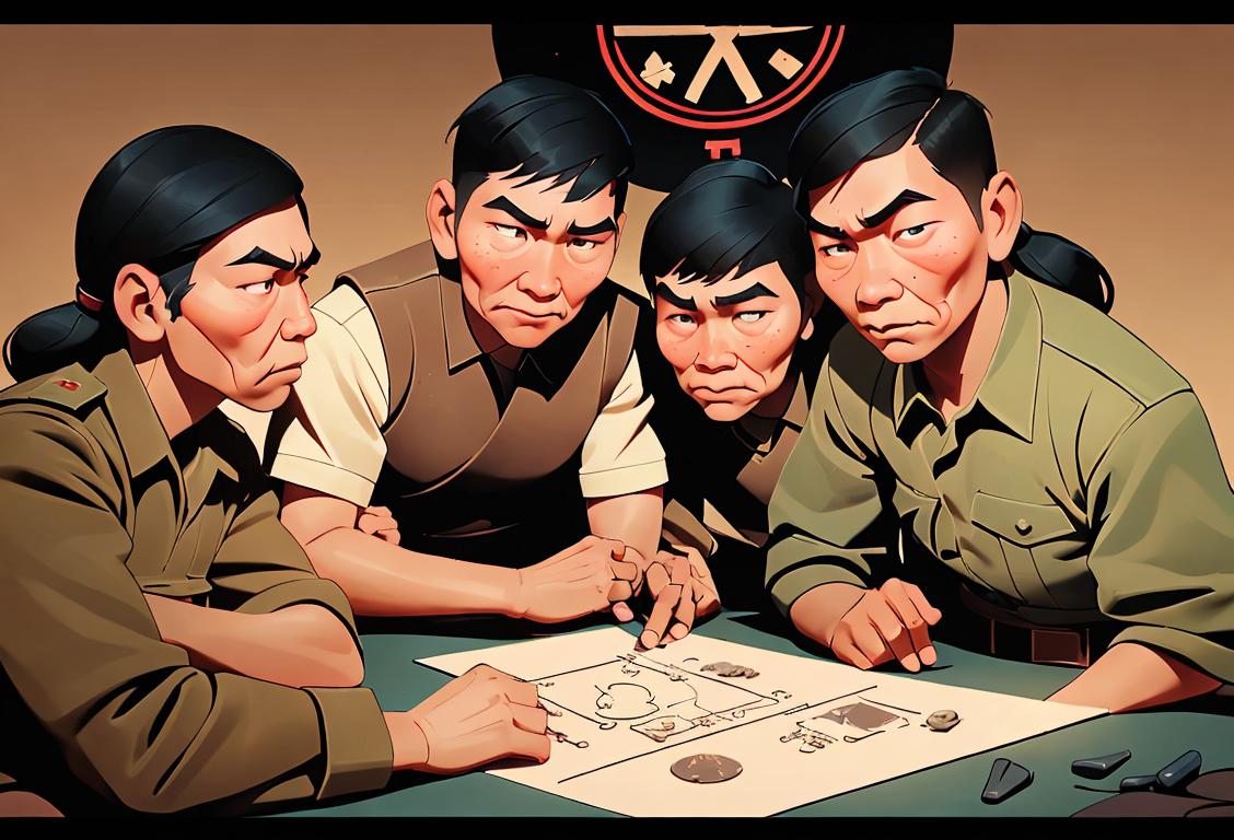A group of Navajo code talkers wearing military uniforms, communicating secret messages using their native language, in a World War II setting..
