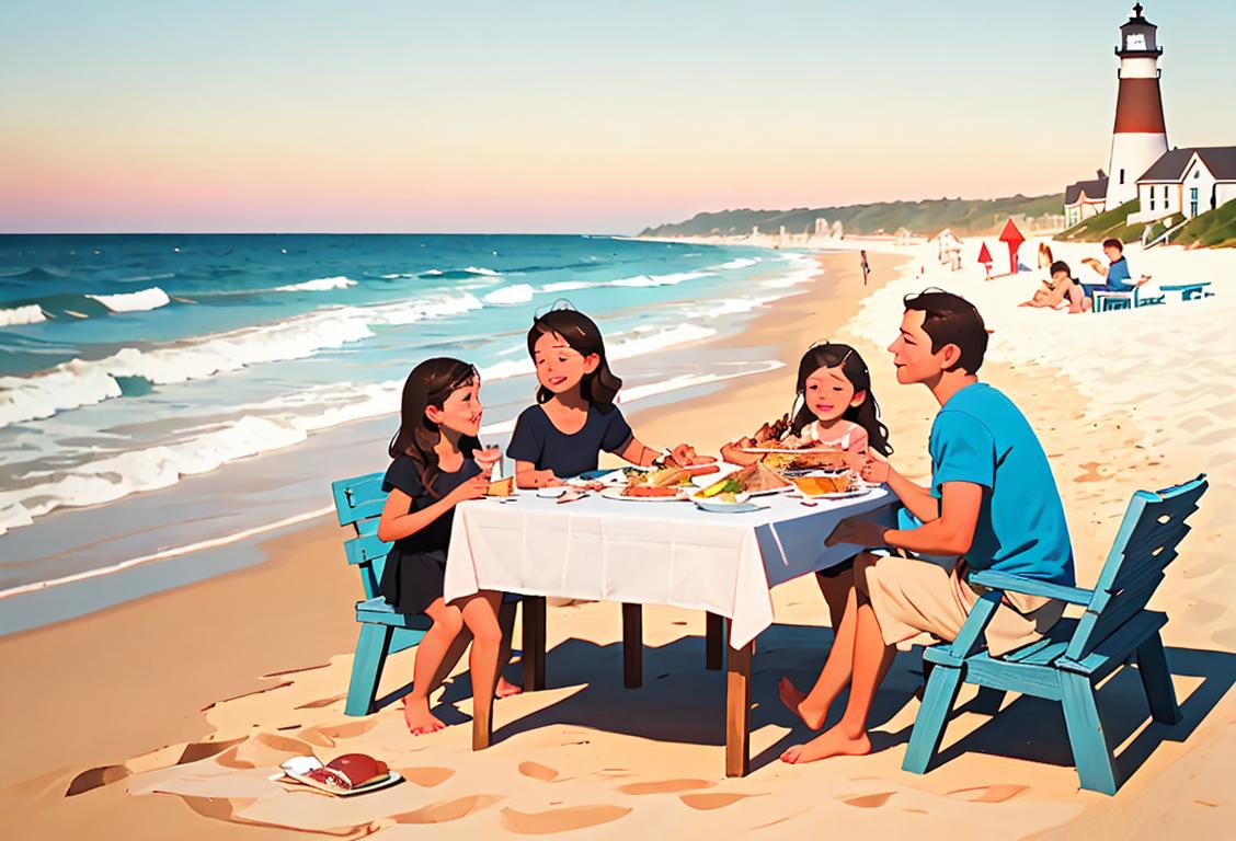 Families enjoying the beach, eating Carolina-style barbecue, wearing summer clothes, beach scene with lighthouses in the background..