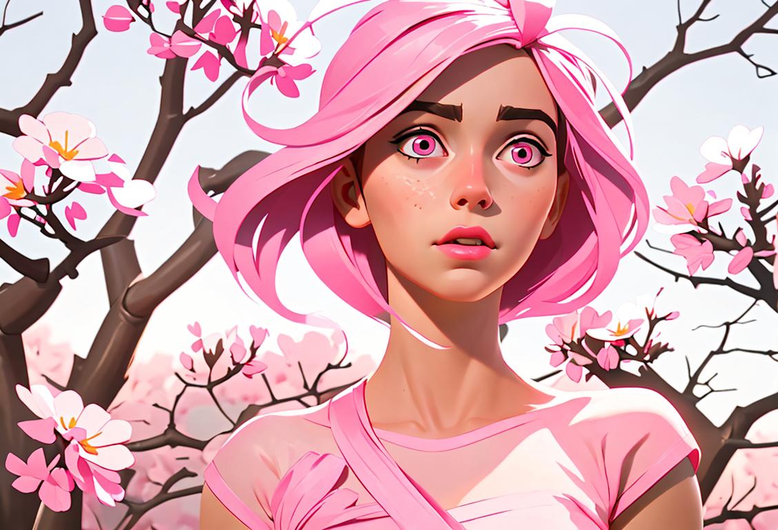 Young woman wearing a pink ribbon, surrounded by pink flowers, spreading awareness and love for breast cancer survivors..