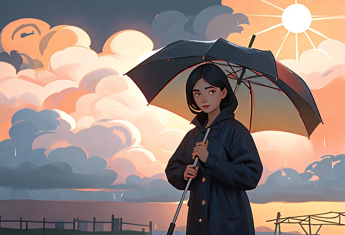 A person holding an umbrella, wearing a raincoat, standing in front of a weather map with clouds and sun symbols..