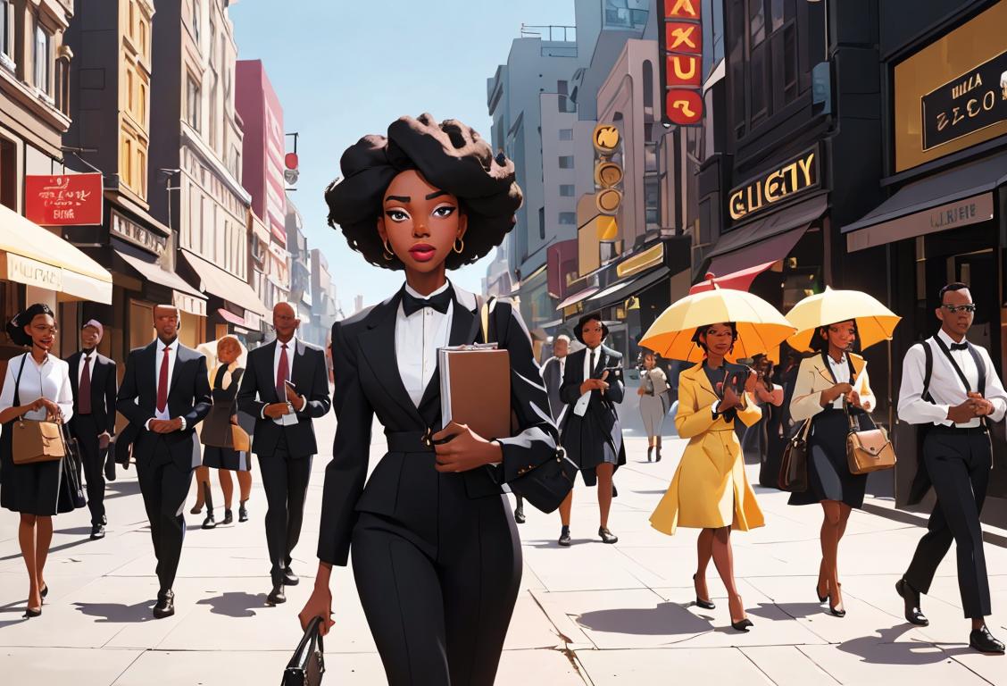 A diverse group of black people, stylishly dressed, carrying briefcases and walking confidently in a bustling city scene..