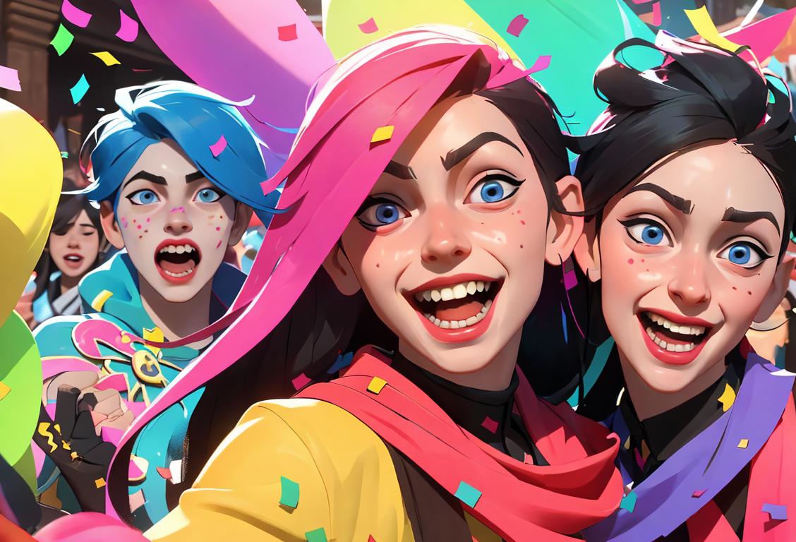 Young people in colorful costumes, surrounded by confetti and streamers, celebrating with laughter and excitement, city street party atmosphere..