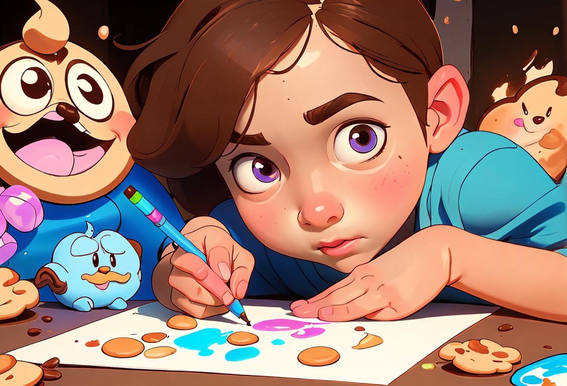 Young child drawing with smelly markers, surrounded by smurfs, smarties, and s'mores ingredients, in a colorful arts and crafts room..