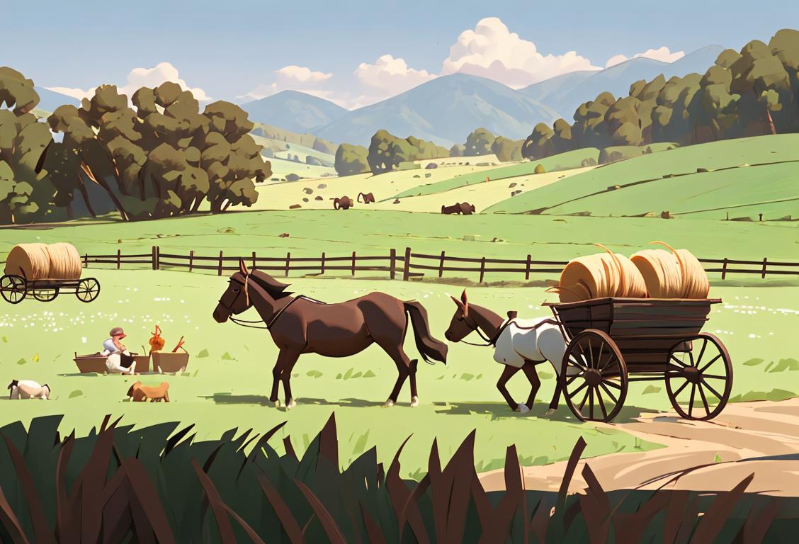 Two mules, one brown and one black, pulling a cart filled with hay, surrounded by a scenic farm landscape..