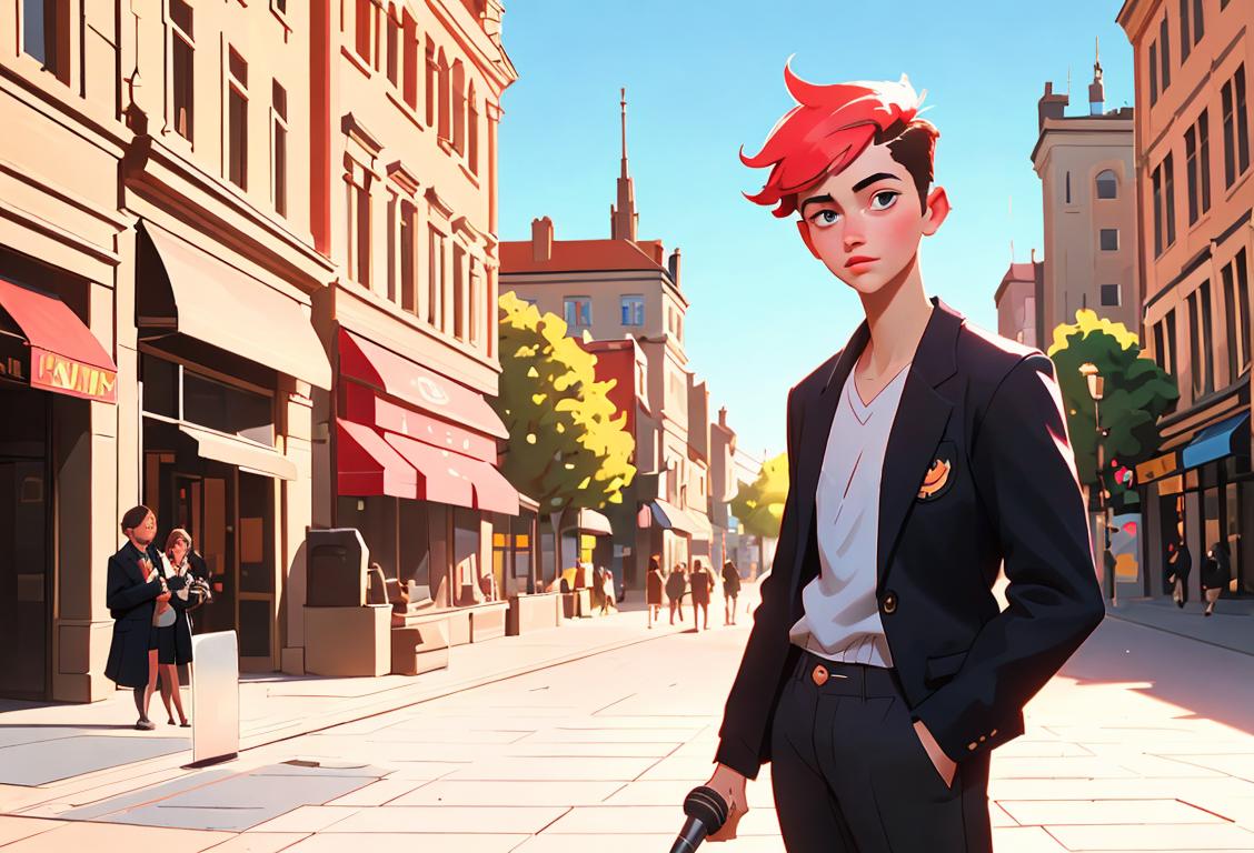 Young person standing in a sunny city square, confidently posing with a microphone and wearing a stylish blazer, modern street fashion, vibrant urban setting..