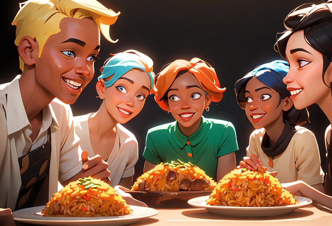 A joyful group of people of diverse backgrounds and nationalities, smiling together while savoring plates of colorful and aromatic Jollof rice..