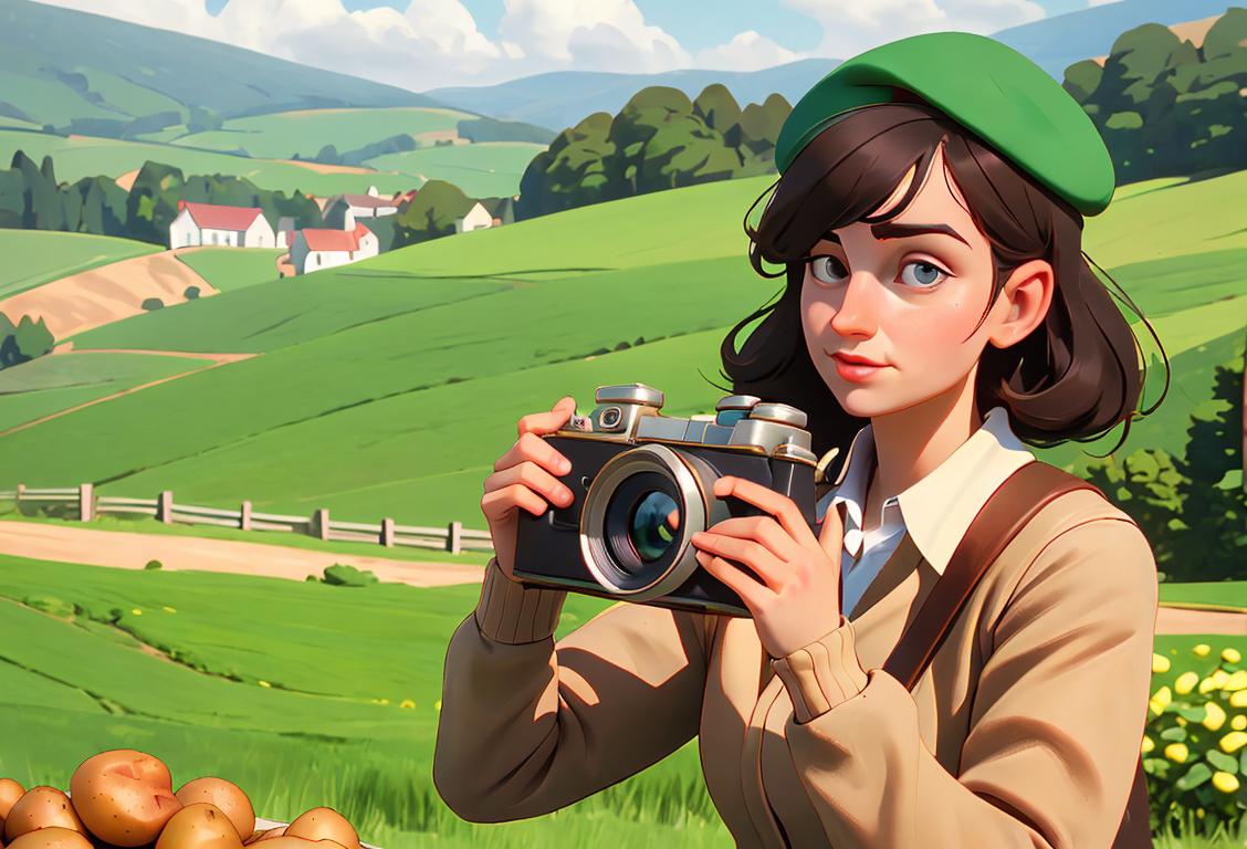 A person, wearing a beret and holding a vintage camera, capturing the charm of potatoes in a lush countryside setting..