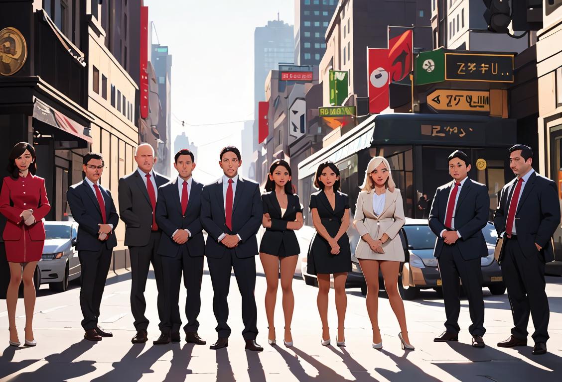 A diverse group of people standing together, wearing smart casual outfits, in a bustling city setting..