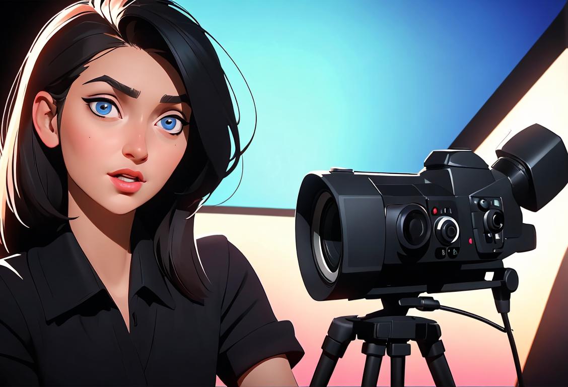 Friendly TV talk show host interviewing a charismatic young woman. Set in a bright studio with a backdrop of cameras and microphones..