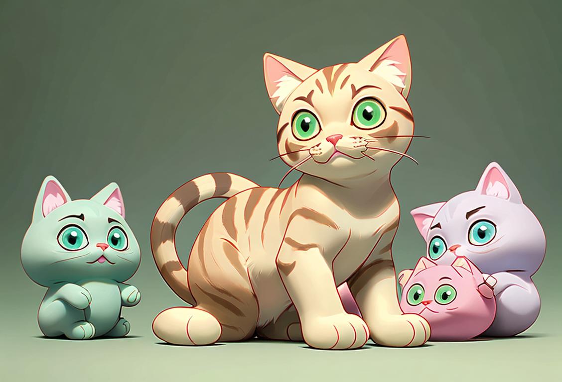 Beautiful tabby cat with mesmerizing green eyes, sitting on a fluffy bed, surrounded by soft pastel-colored toys and a delightful array of treats..