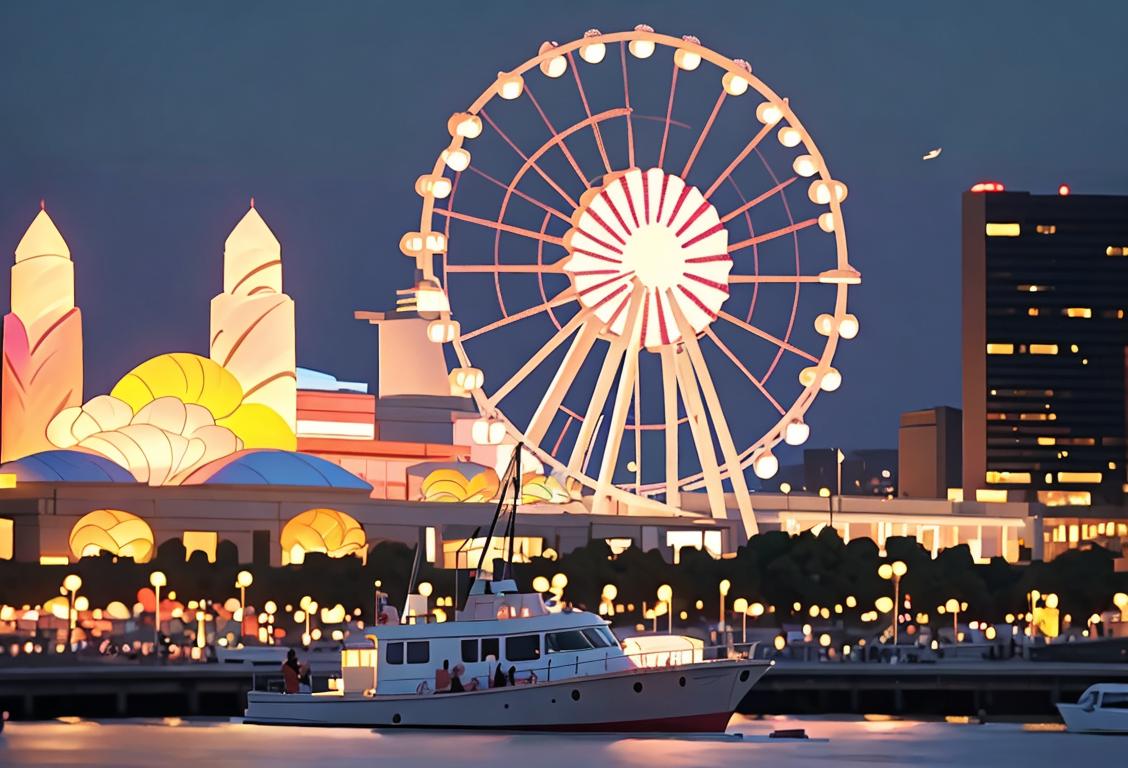 Excited crowd at National Harbor's first day celebration, diverse group, trendy fashion, glowing scene..