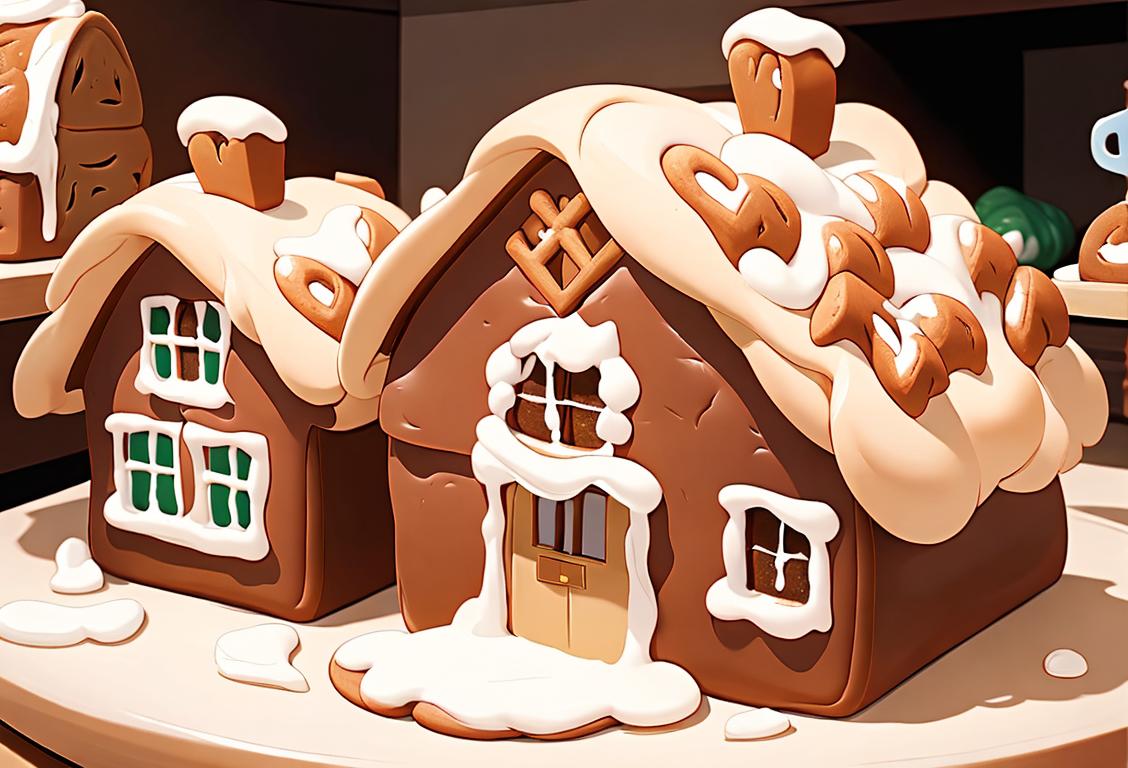 Children decorating gingerbread houses in a cozy kitchen, wearing aprons, surrounded by sugar-filled creativity!.