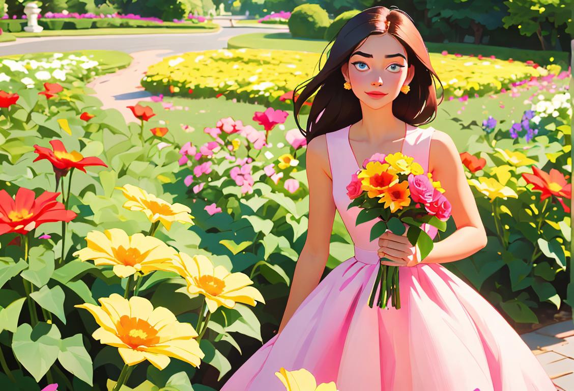 Young woman with a bouquet of colorful flowers, wearing a flowy summer dress, in a beautiful garden setting..