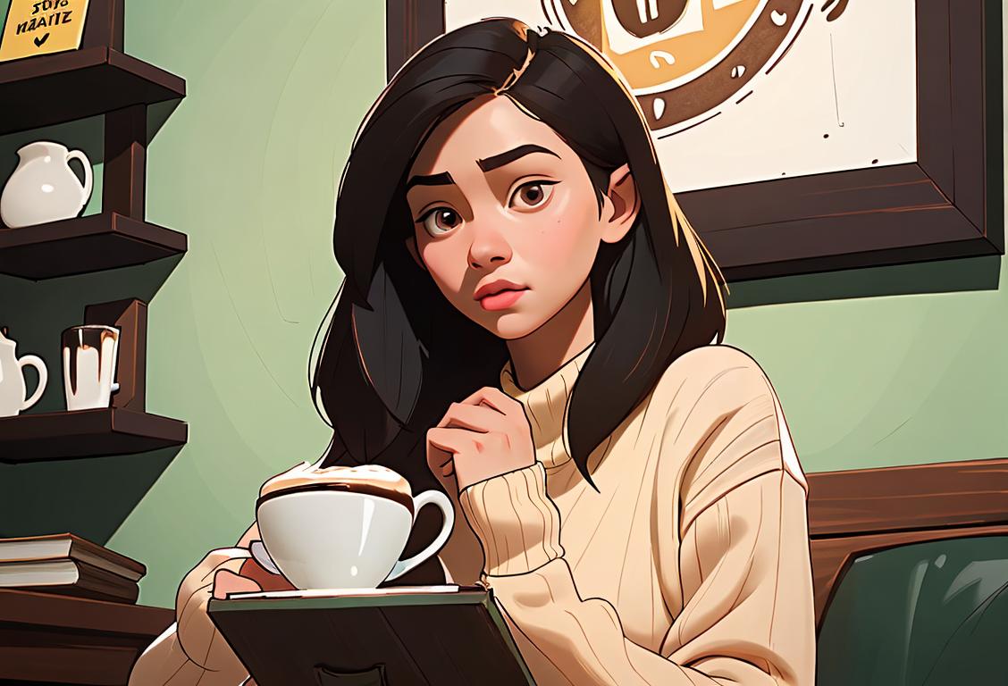 Young woman holding a sign with a 'hugot' quote, wearing a cozy sweater, coffee shop setting, surrounded by books and flowers..