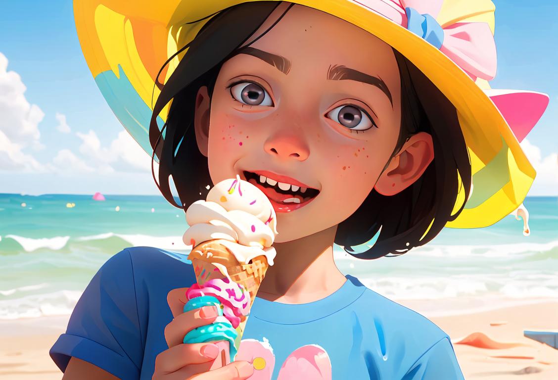 A happy child licking an ice cream cone with colorful sprinkles, wearing a summer hat, seaside beach scene..