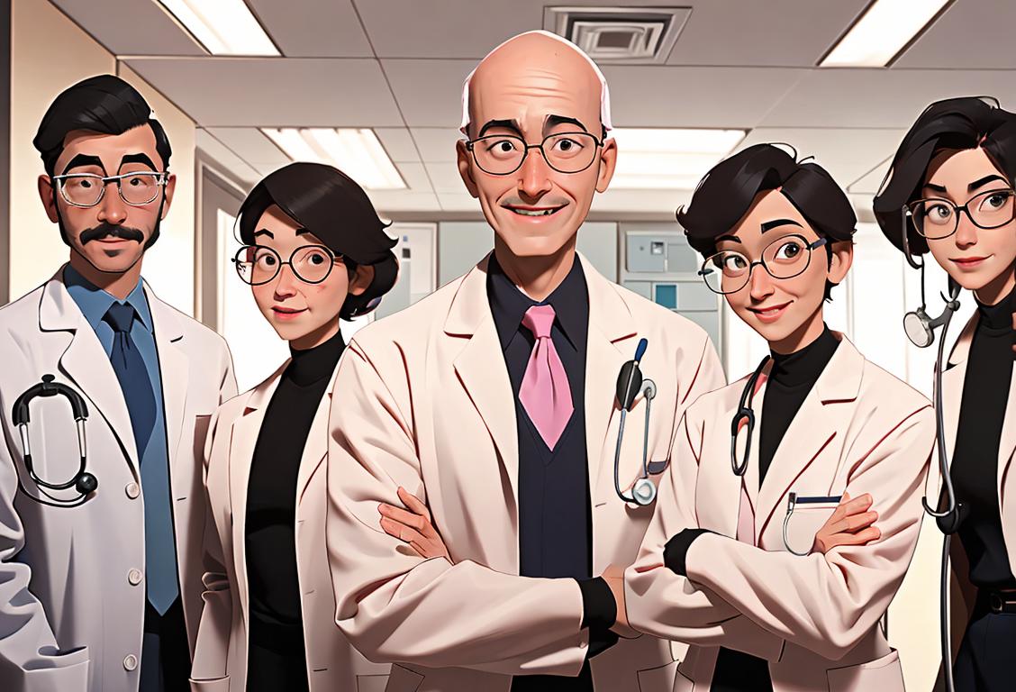Group of diverse men and women in lab coats, smiling and holding cancer awareness ribbons. Some wearing glasses and others wearing stethoscopes, standing in front of a research laboratory.