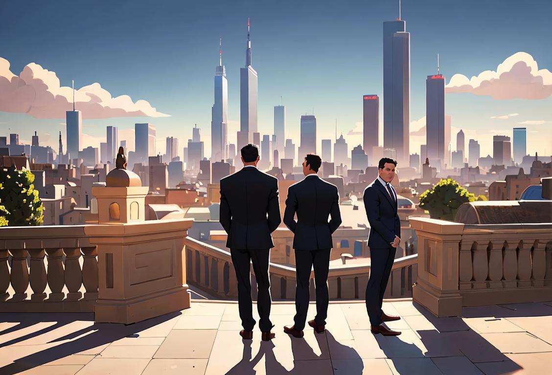 A group of diverse men in different professions, dressed in stylish suits, standing in front of a city skyline..
