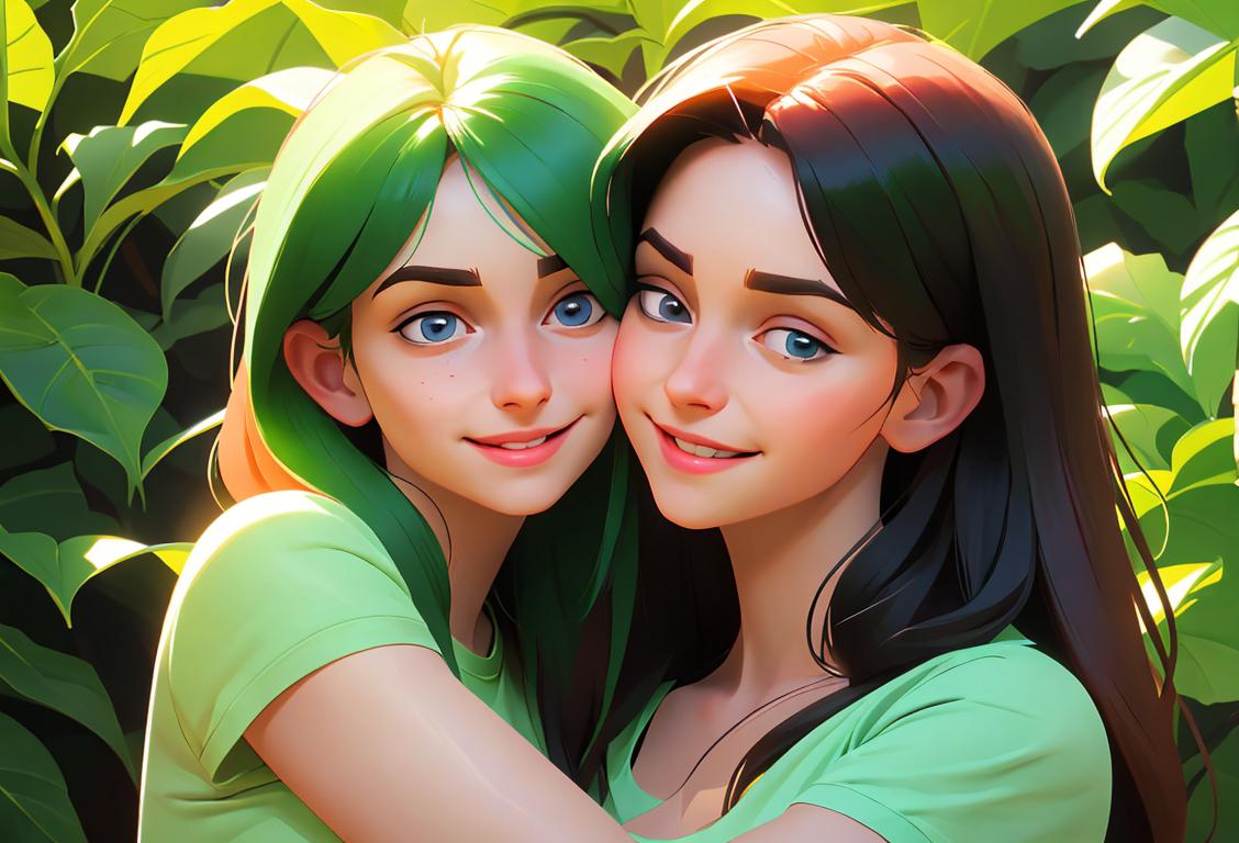 Young woman with a gentle smile, giving a warm embrace to a person in a vegetarian-themed t-shirt, surrounded by vibrant greenery..
