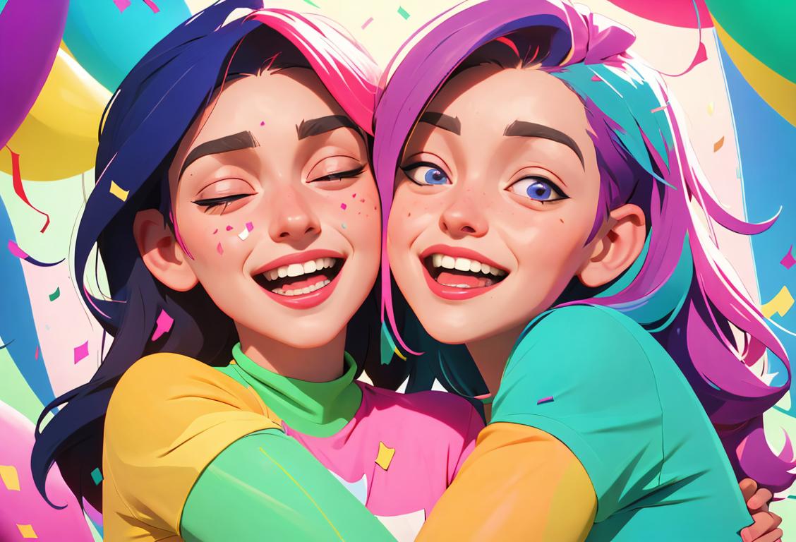 Two best friends embracing each other, wearing matching friendship bracelets, surrounded by colorful confetti and laughter..