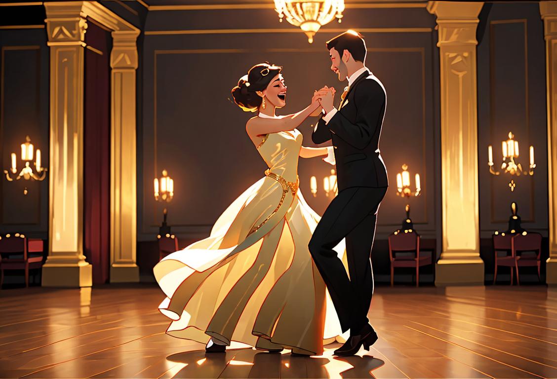 Group of diverse people, elegantly dressed, dancing with exuberance and joy in a beautiful ballroom decorated with twinkling lights..