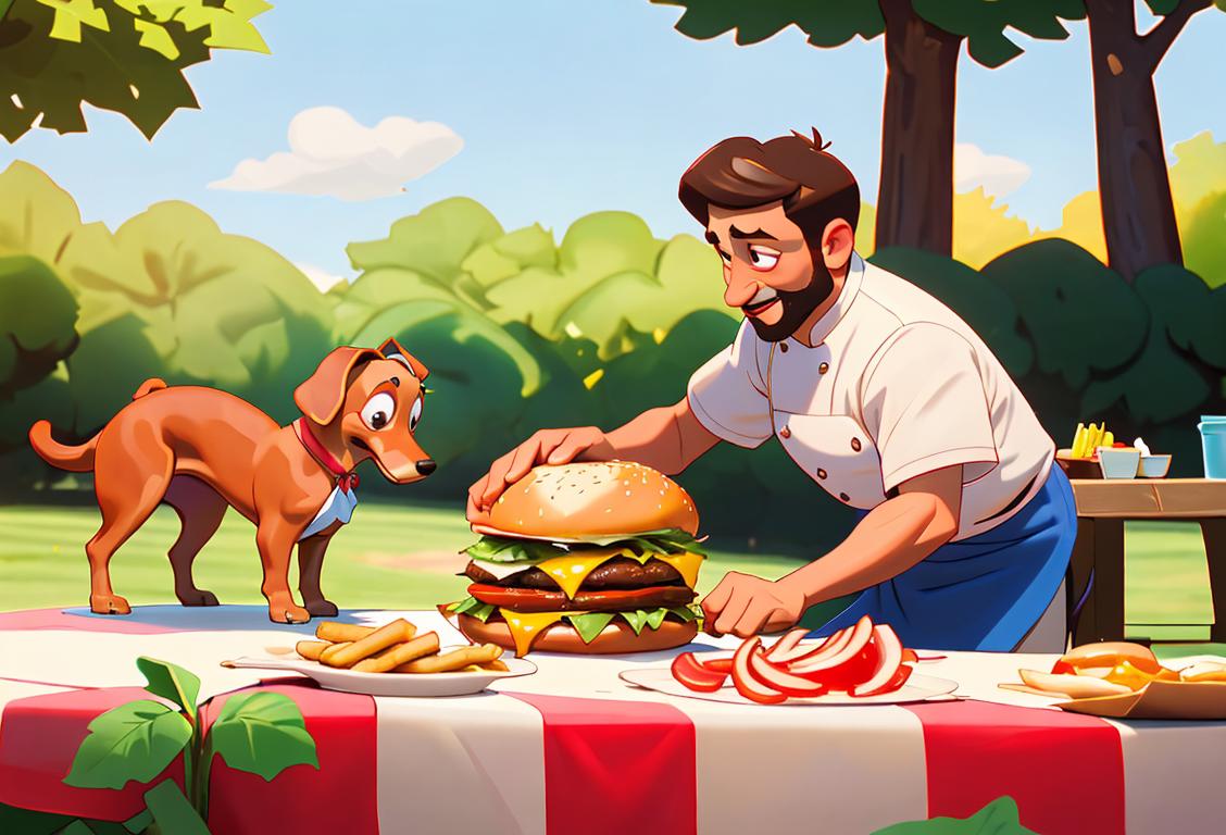 A delightful scene with a Dachshund dressed as a chef grilling a burger, surrounded by picnic supplies and friends in summery outfits..