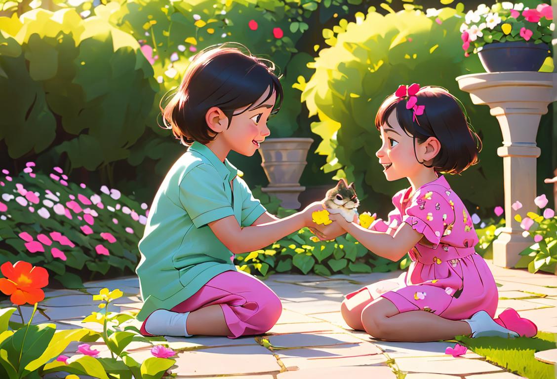 A happy child playing with their pet siblings in a beautiful garden, surrounded by flowers and wearing a cute matching outfit..