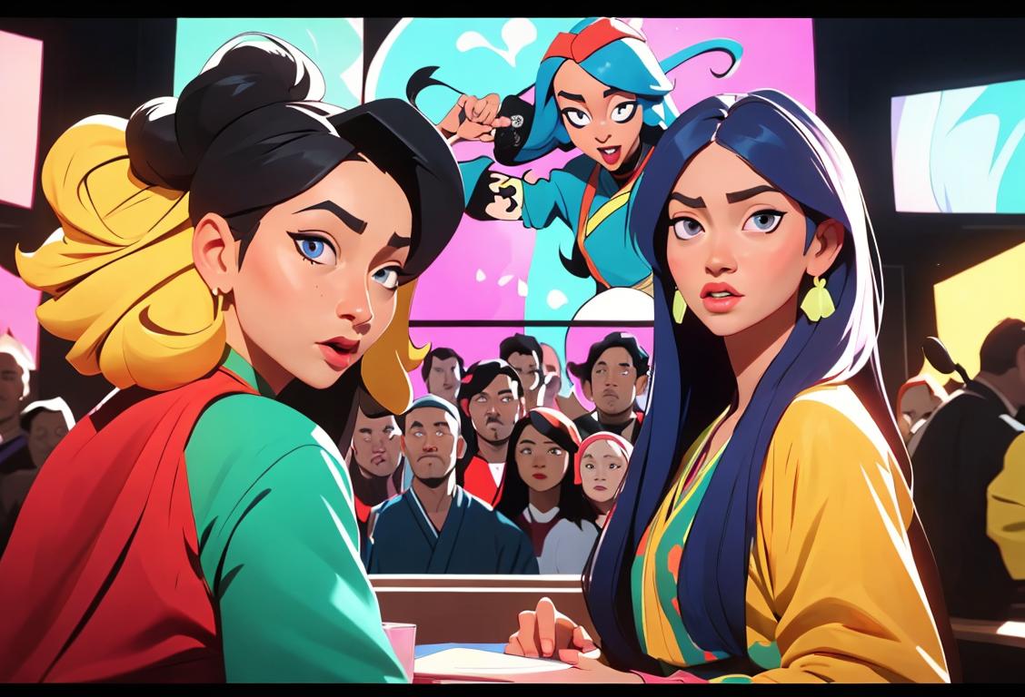 A diverse group of people gathered around a television screen, wearing various styles of clothing from different cultures, in a vibrant and lively setting..