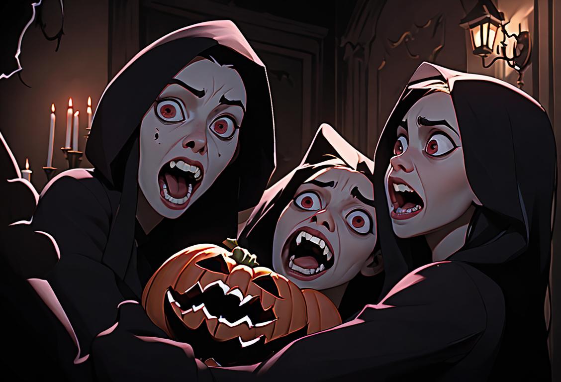 Young adults screaming in fright, holding onto each other, wearing Halloween costumes, spooky haunted house setting..