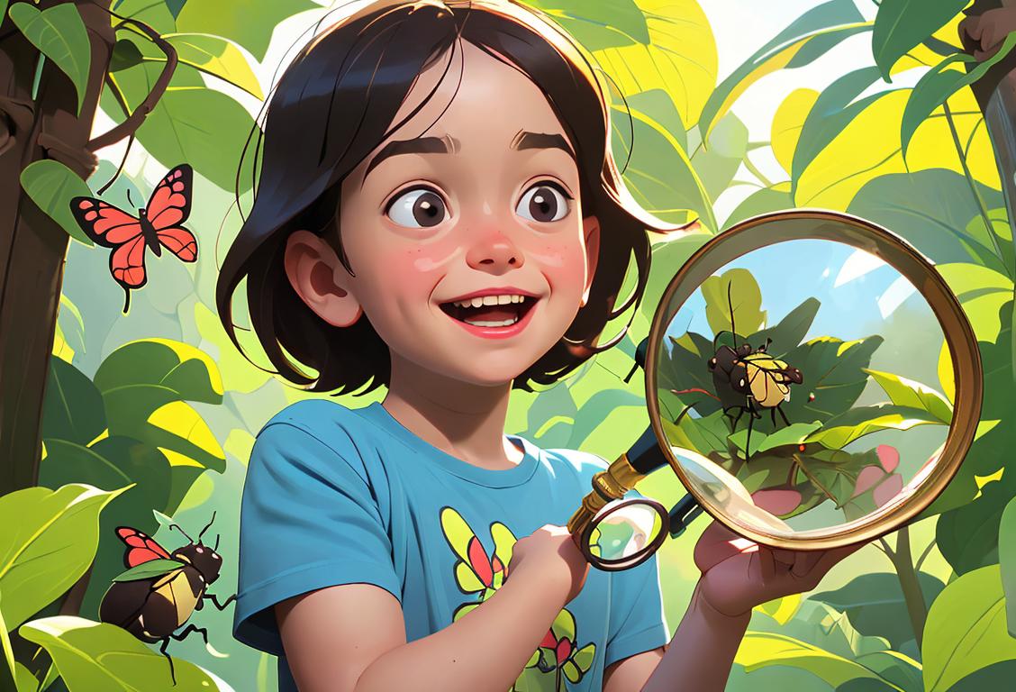 A joyful child holding a magnifying glass, wearing a bug-themed t-shirt, surrounded by nature and smiling friends..