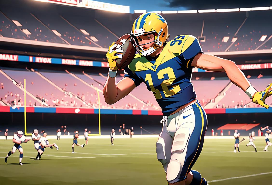 Young man catching a football, wearing a team jersey, modern football field setting with cheering fans..