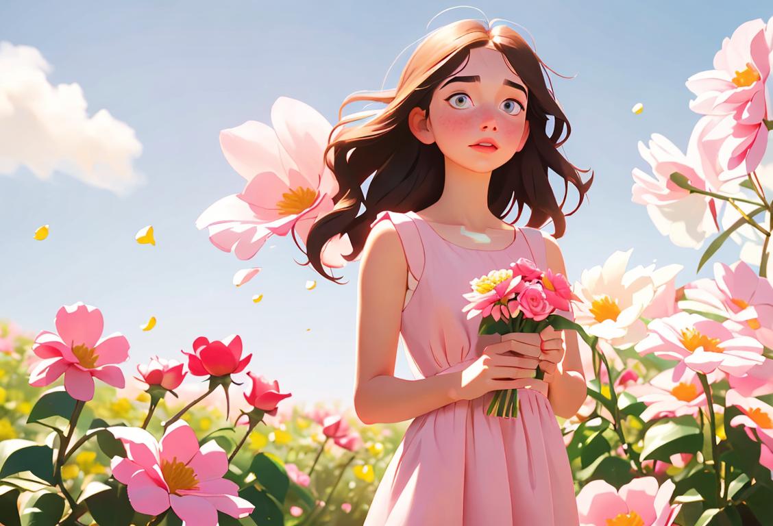 Young woman with rosy cheeks, wearing a flowy sundress, surrounded by blooming flowers in a picturesque garden..