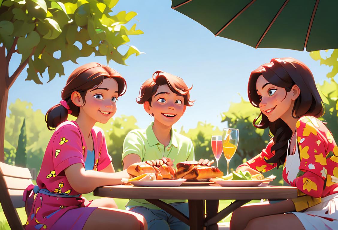 A family gathering around a grill in a sunny backyard, wearing colorful summer outfits, surrounded by greenery and smiling faces..
