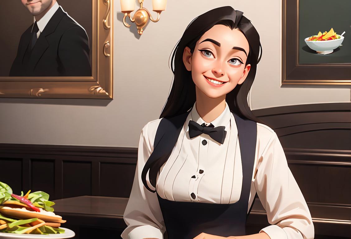 Friendly waitstaff serving delicious food with a smile, wearing crisp uniforms, in a bustling restaurant setting..