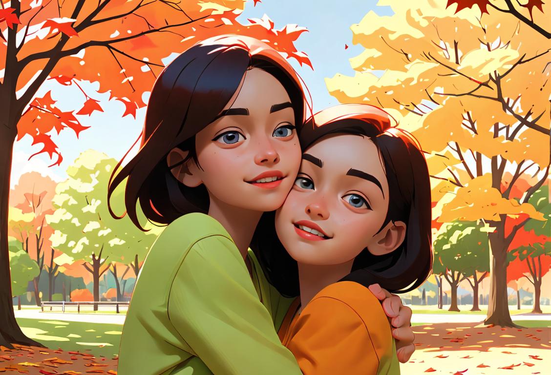 Two siblings laughing and hugging, wearing casual clothes, outdoor park setting, surrounded by colorful autumn leaves..