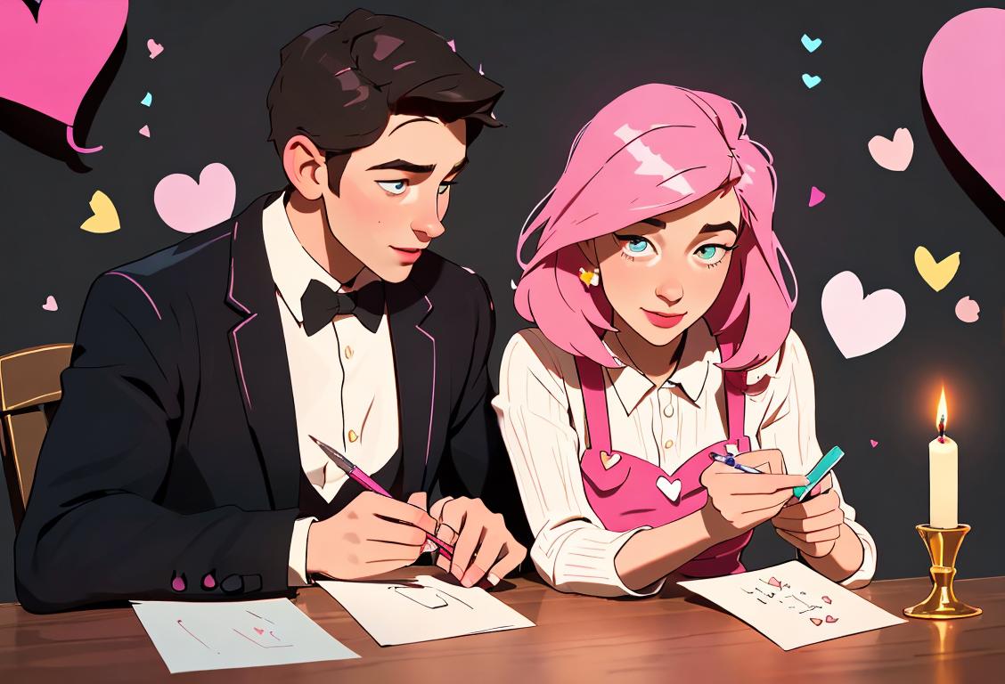 Young couple seated at a table covered in paper hearts, writing love notes with colorful pens, surrounded by romantic candles and flowers..