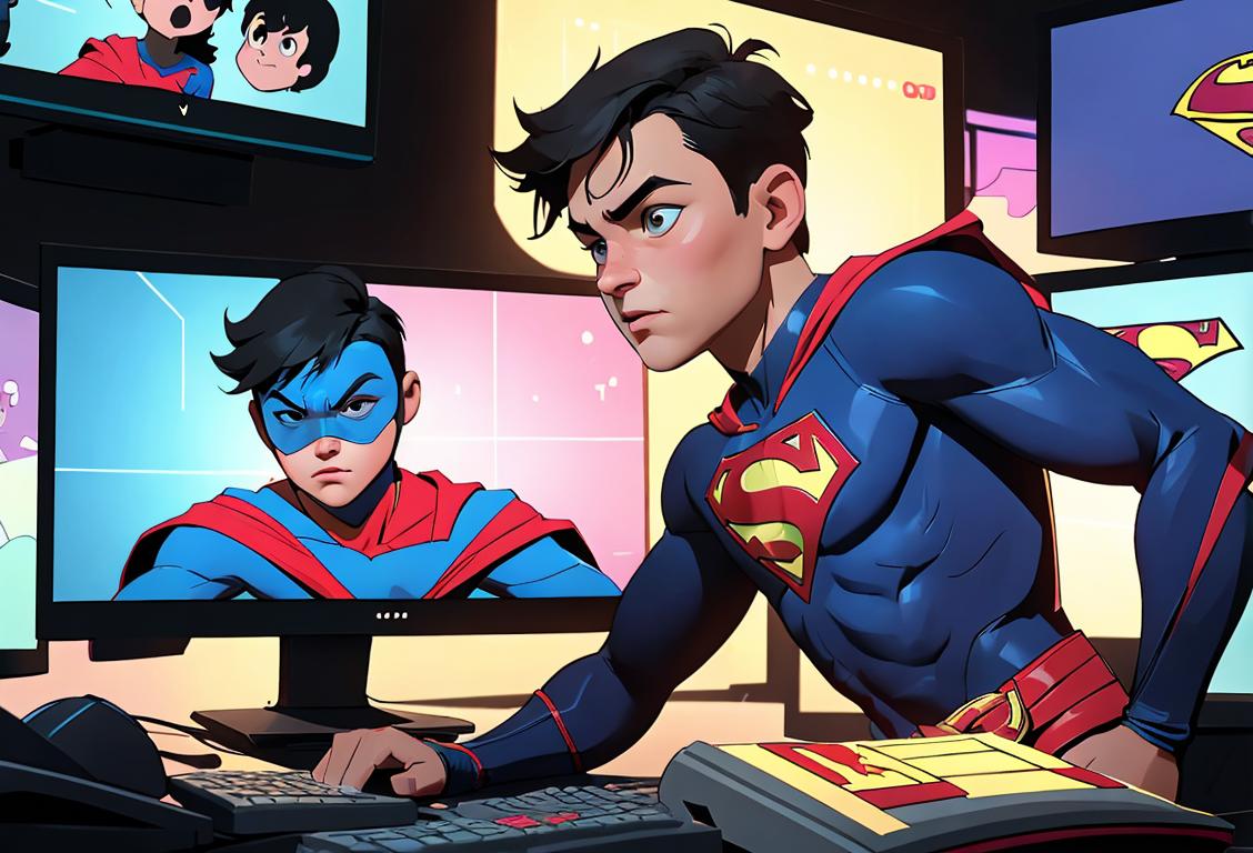 Young person in superhero costume saving the day, surrounded by computer screens displaying lines of code, trendy urban city scene..
