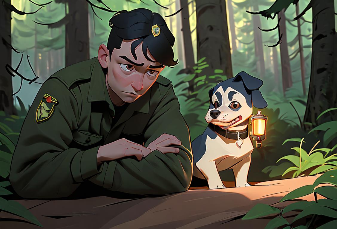 National Guard officials searching through dense forest, holding flashlights, while a worried family waits at the edge..
