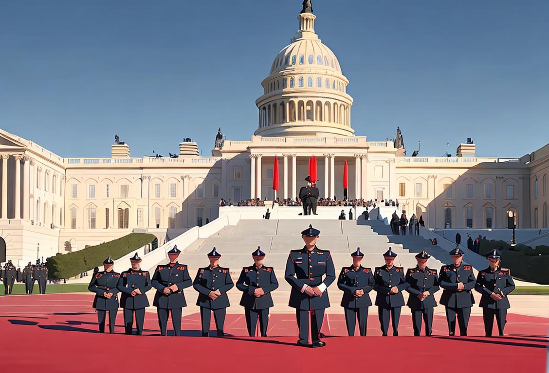 A group of National Guard members in uniform standing proudly in front of the Capitol on Inauguration Day..