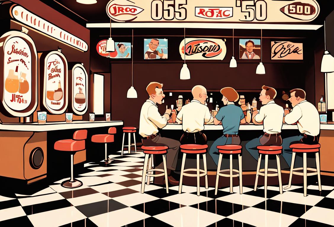 A group of people in retro 1950s fashion enjoying mugs of root beer at a classic soda shop, complete with jukebox and checkered floors..
