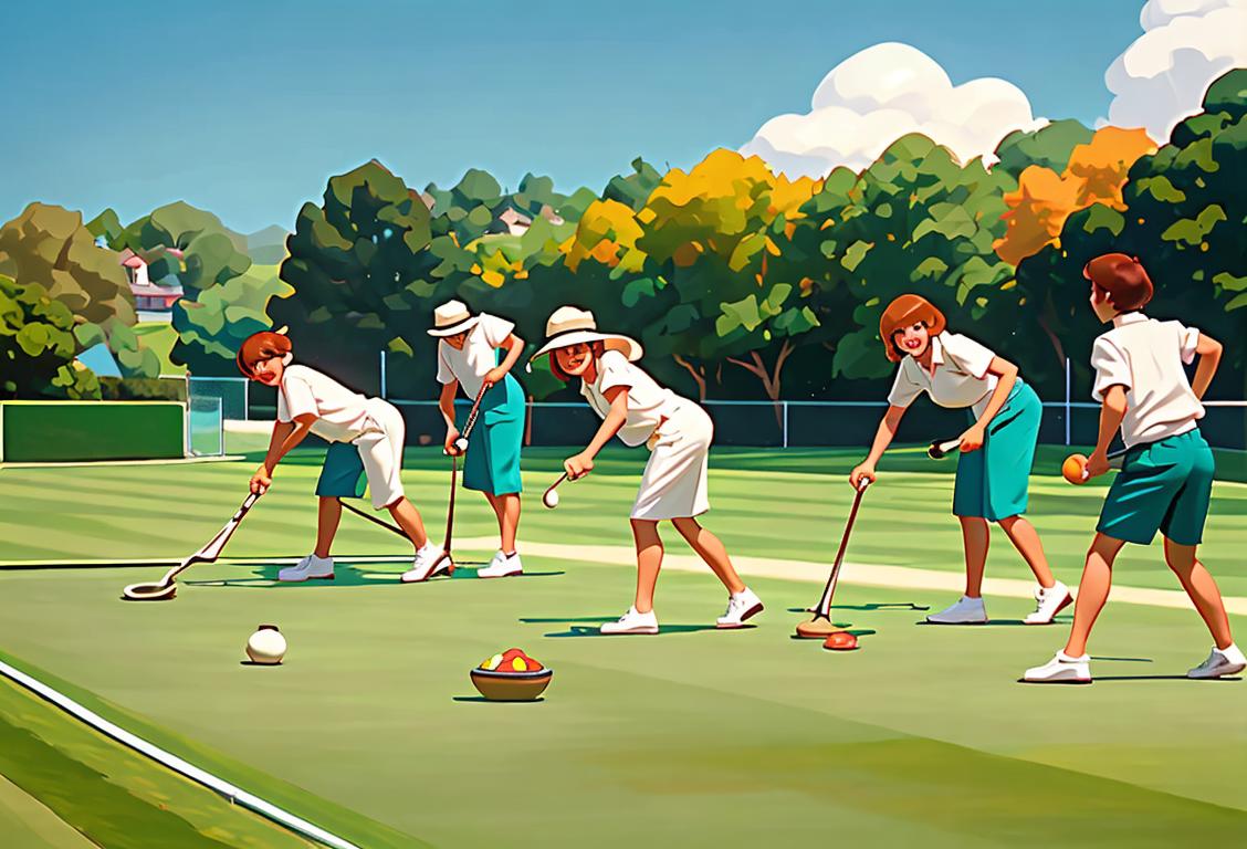 A group of smiling people in casual summer attire playing lawn bowls on a perfectly manicured green under a clear blue sky..