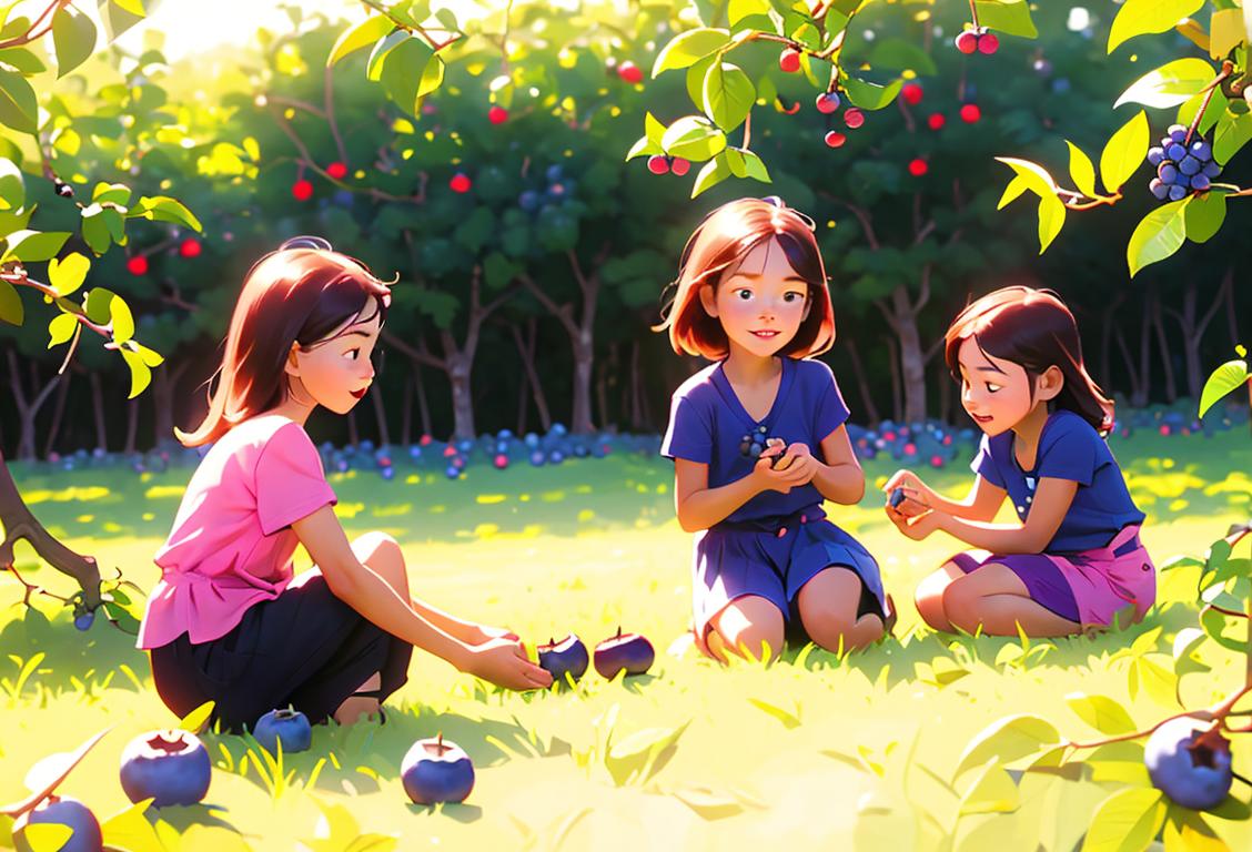 Carefree children happily picking blueberries in a sun-drenched orchard, wearing colorful summery outfits, surrounded by lush greenery..