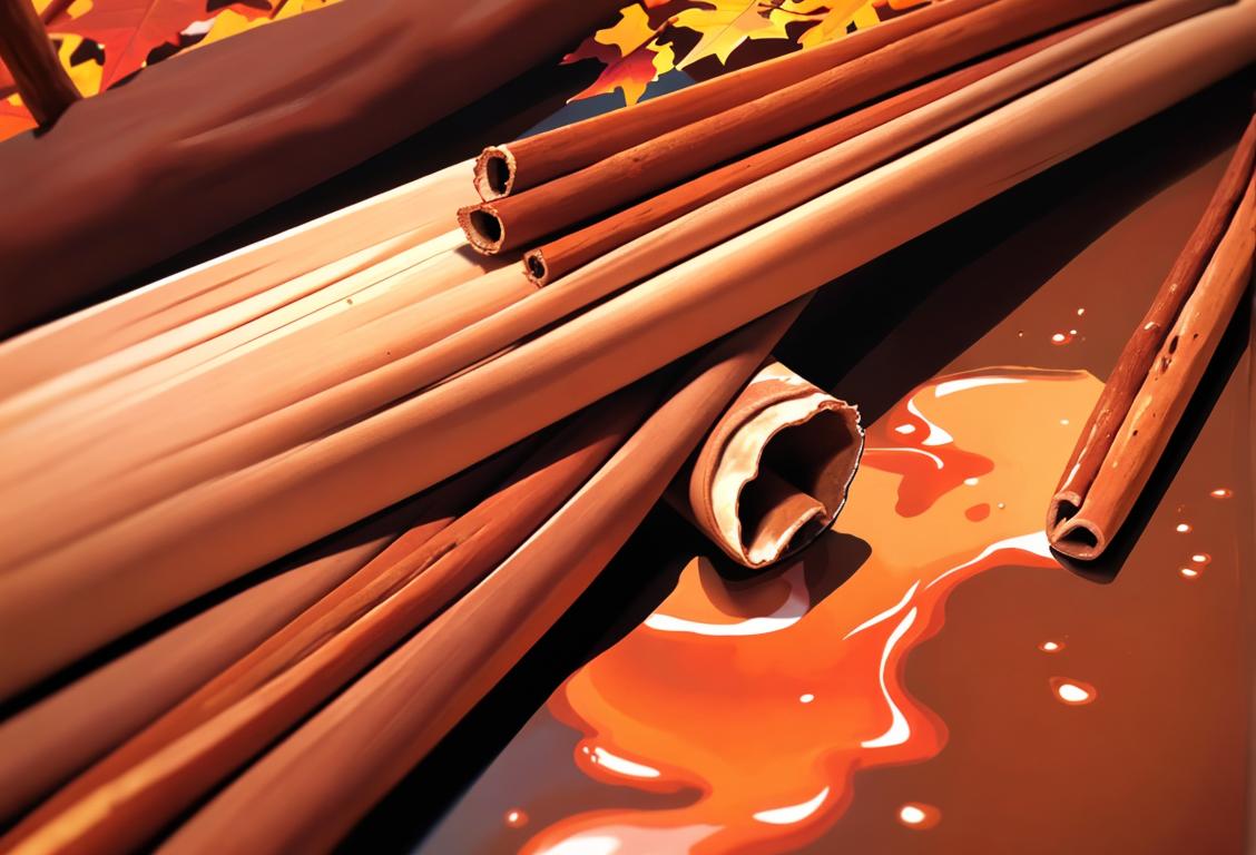 Close up of a cinnamon stick surrounded by warm, autumnal colors, with a cozy sweater and fall foliage in the background..