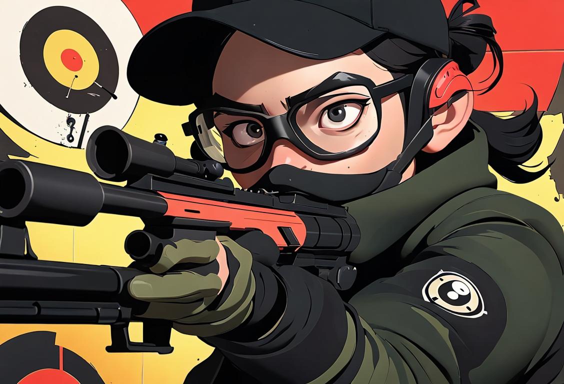 Young person at a shooting range, wearing black goggles and ear protection, aiming at a target, surrounded by firearms and safety signage..