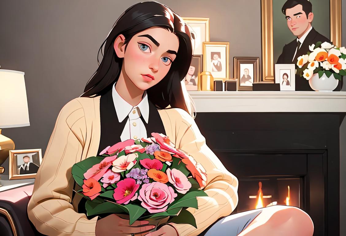 A young person wearing a stylish outfit, holding a bouquet of flowers, in a cozy living room filled with family photos..