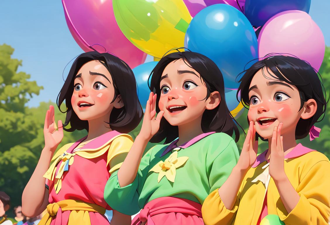 Kind-hearted kids clapping with joy, wearing colorful costumes, in a park surrounded by balloons and a banner celebrating National NHS Clapping Day..