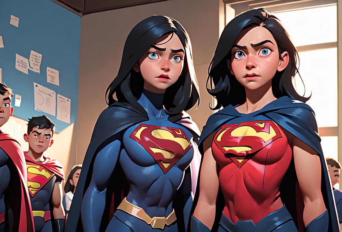 Young person standing up against bullying, wearing a superhero cape, surrounded by diverse and supportive friends, school setting..