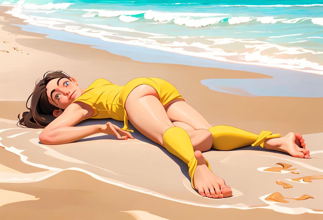 A person blissfully stretching their bare feet on a sandy beach, wearing colorful flip flops and enjoying a sunny summer day..