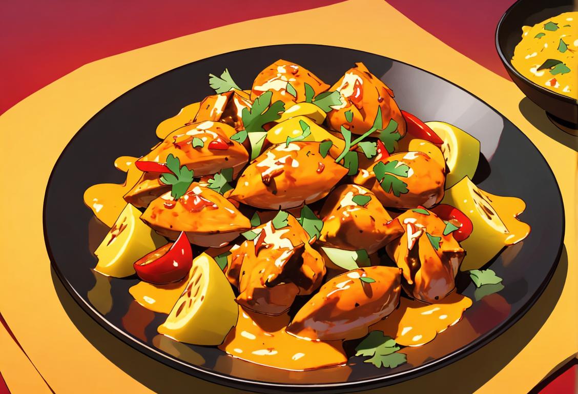 Delicious curried chicken dish with colorful spices, served on a plate, surrounded by vibrant Indian-inspired decor and traditional clothing..