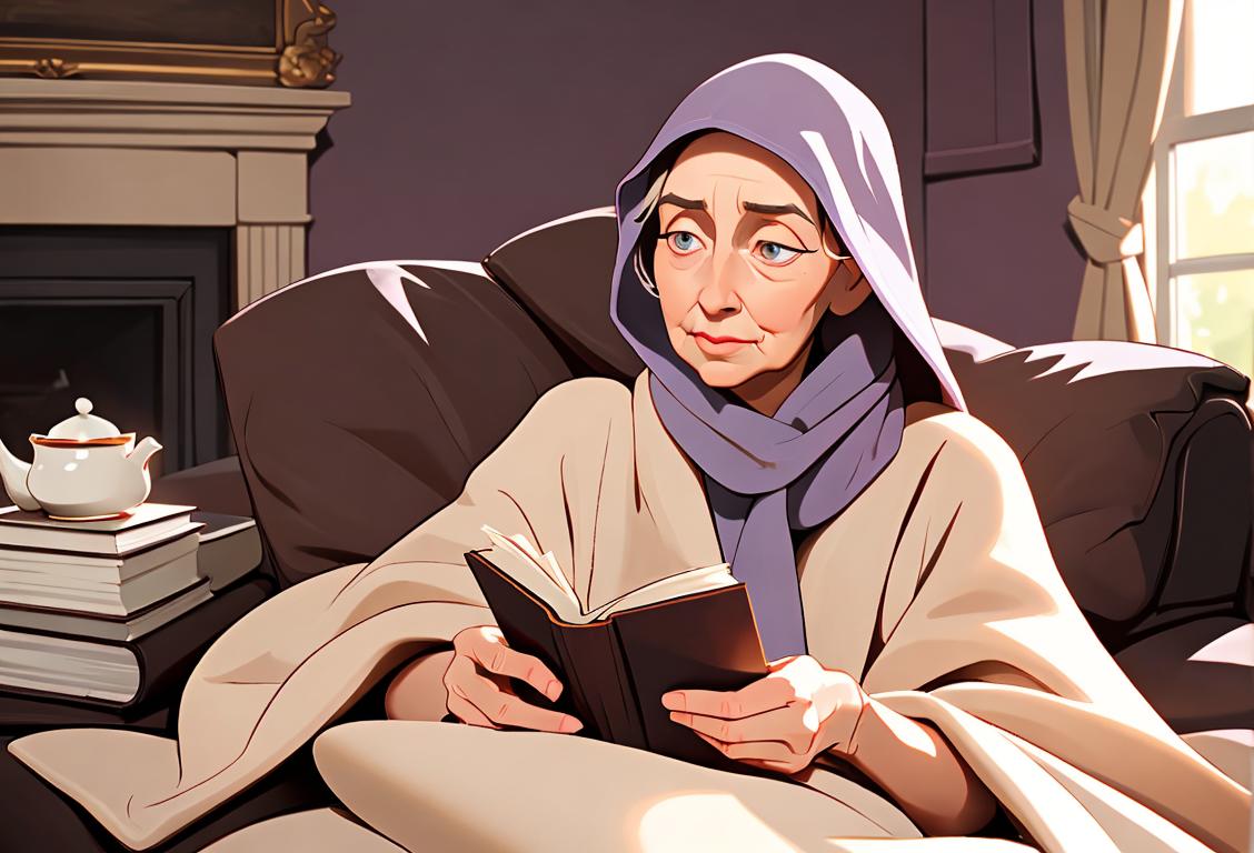 Warm, caring hands holding a cup of tea, cozy living room, soft blanket, and a book nearby..