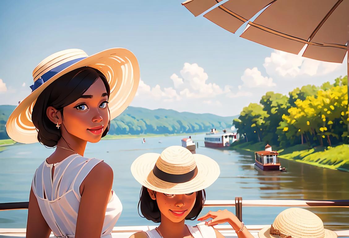 A group of diverse people enjoying a Mississippi riverboat cruise, wearing sundresses, straw hats, and taking in the scenic river view..